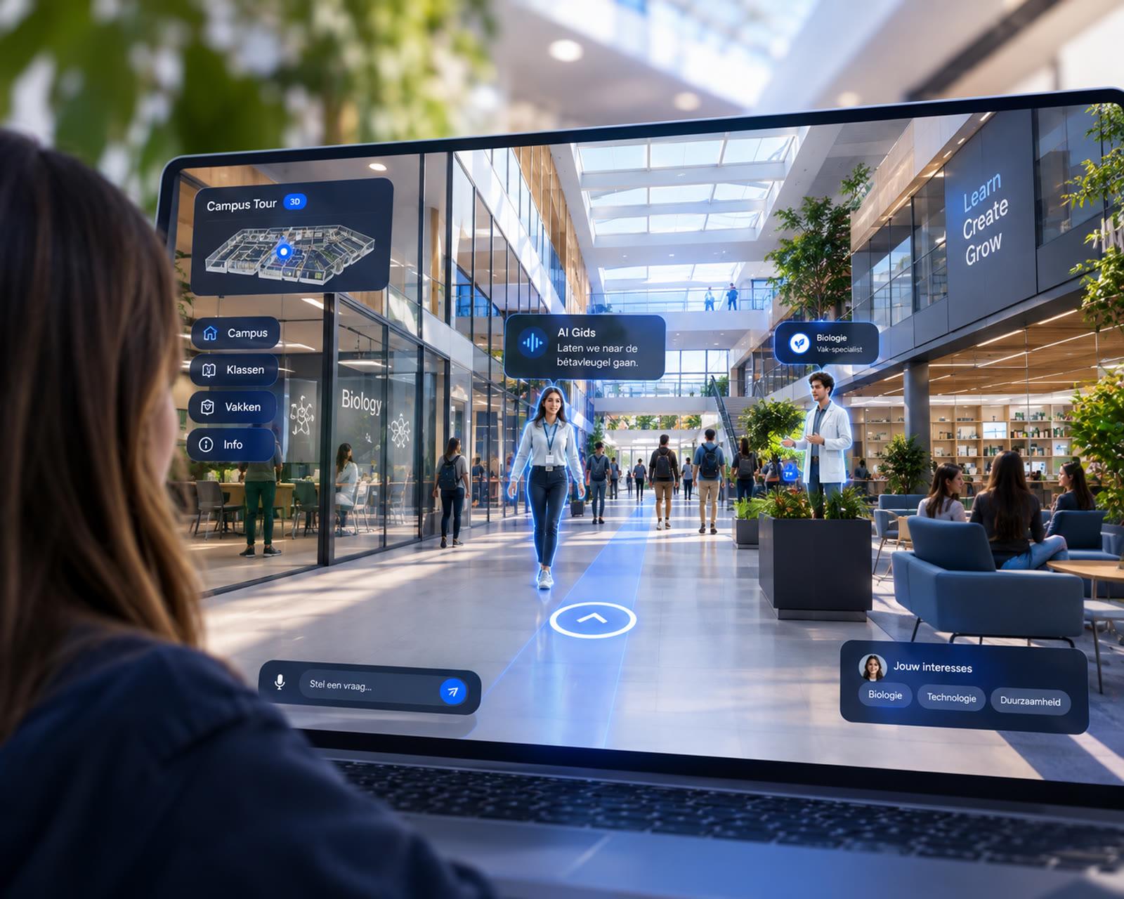 TourAI demo: interactieve 3D-campus tour met AI-gids op een laptop